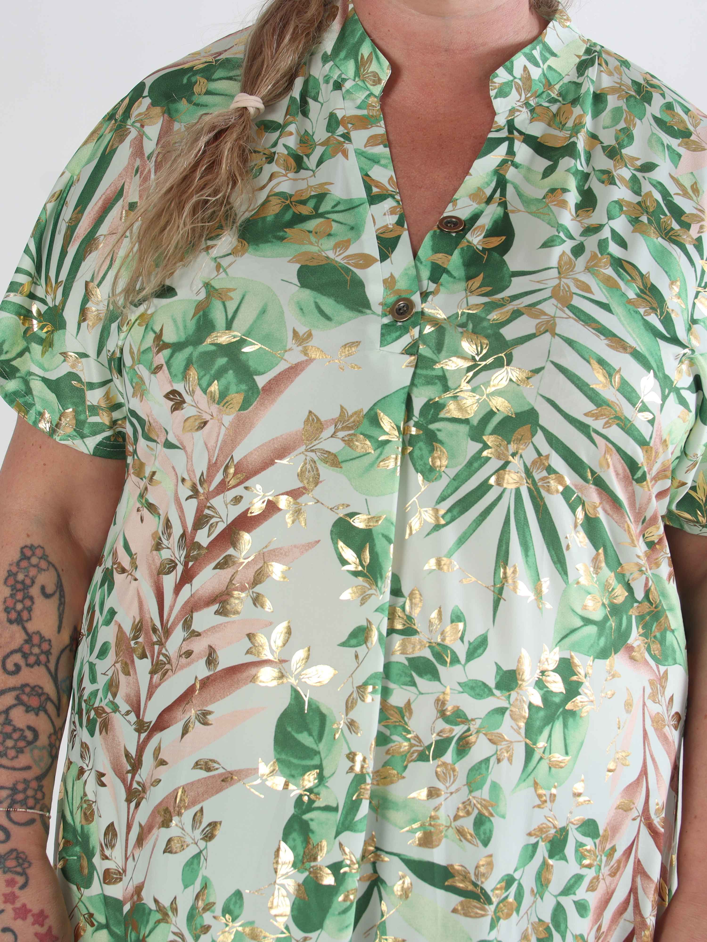 Ebba Gold Leaf Sleeveless - Plus size skjortklänning i stretchigt tyg med bladtryck